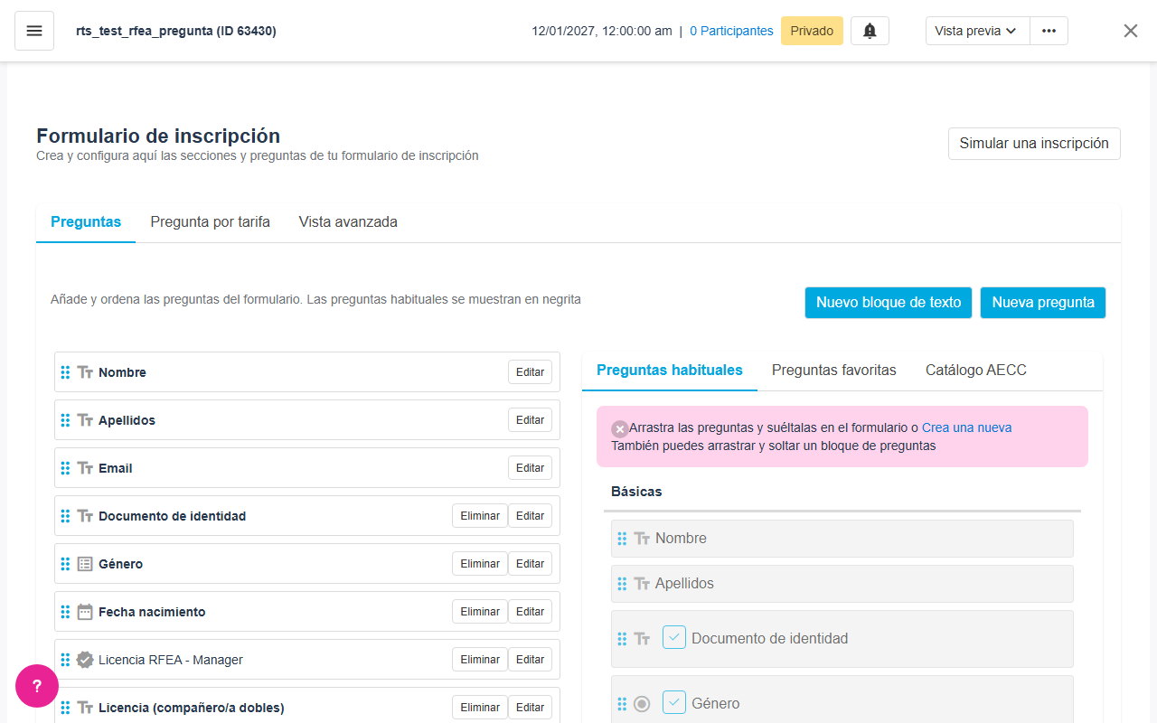 Vista del formulario con el botón "Nueva pregunta" visible y preguntas existentes en la lista
