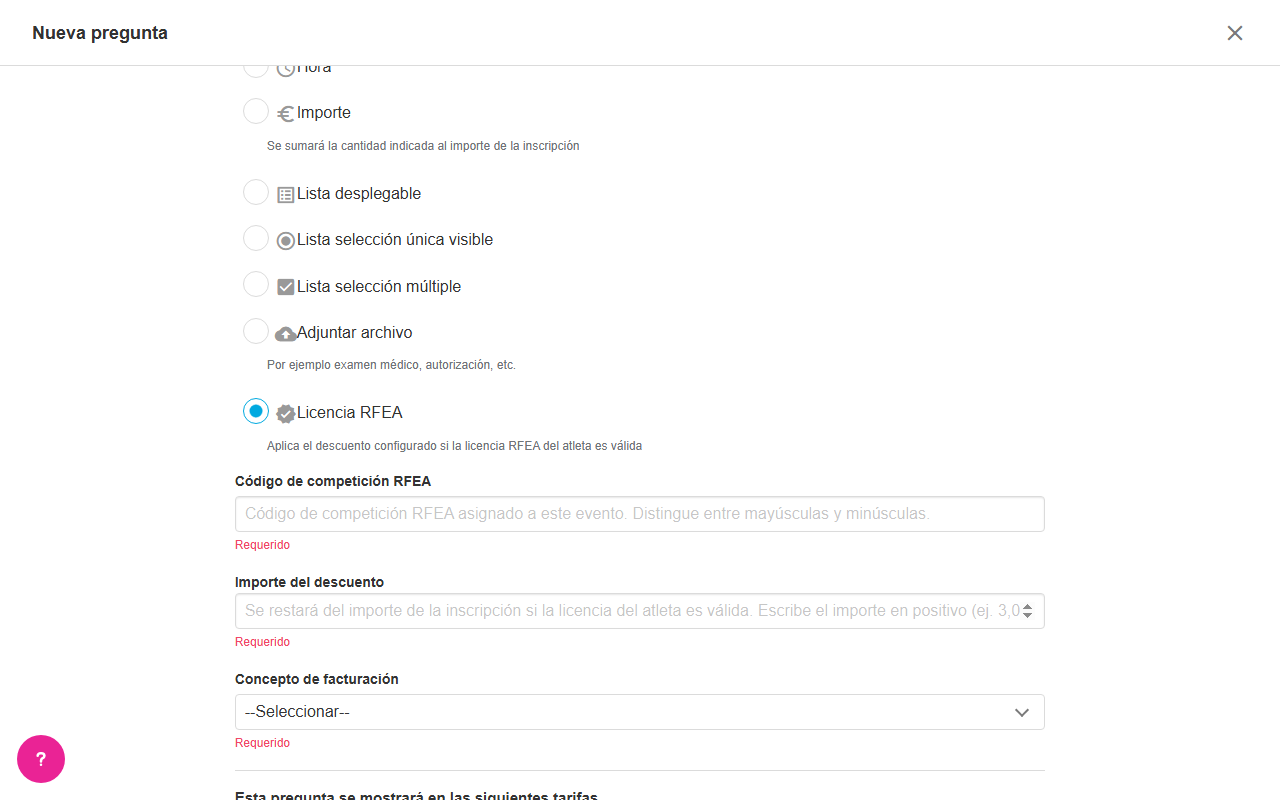 Selector de tipos de pregunta con "Licencia RFEA" seleccionado