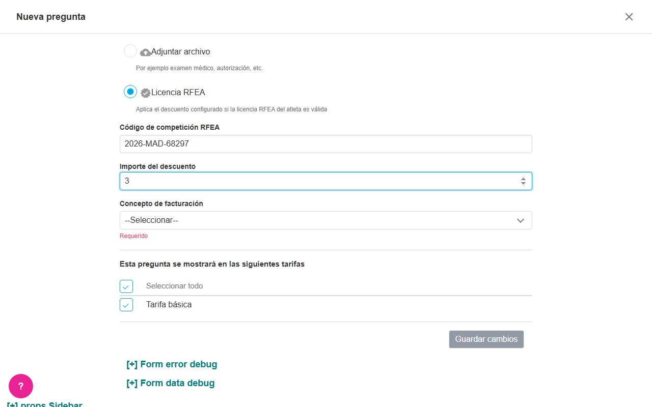 Selector de concepto de facturación debajo del importe del descuento